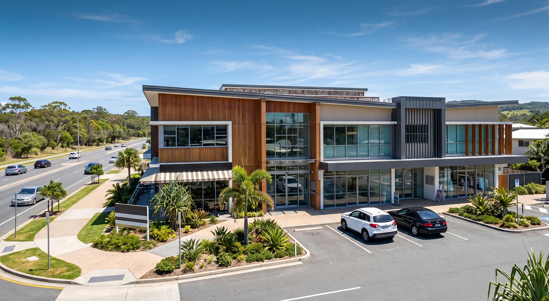 Modern commercial office building with timber and glass facade